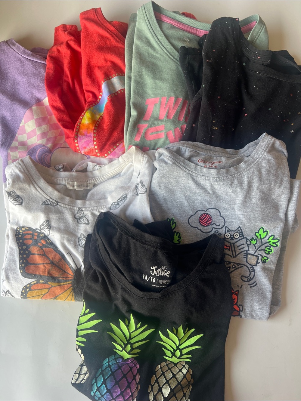 7 Girls Graphic Tee Lot - Black, Mint, Red, Gray, White, Purple